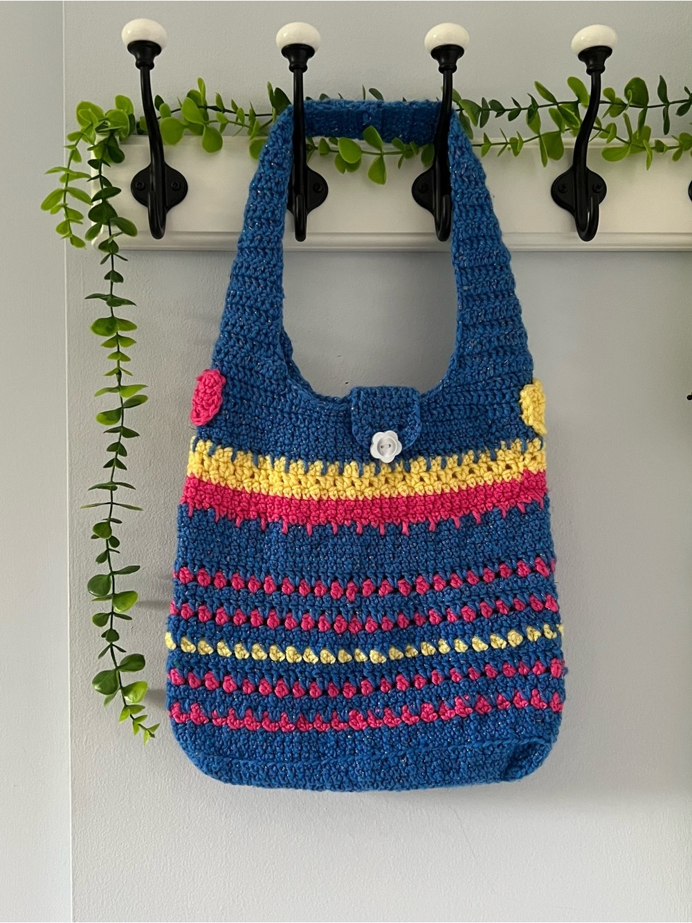 Crocheted Shoulder Bag in Blue with Pink & Yellow Accent